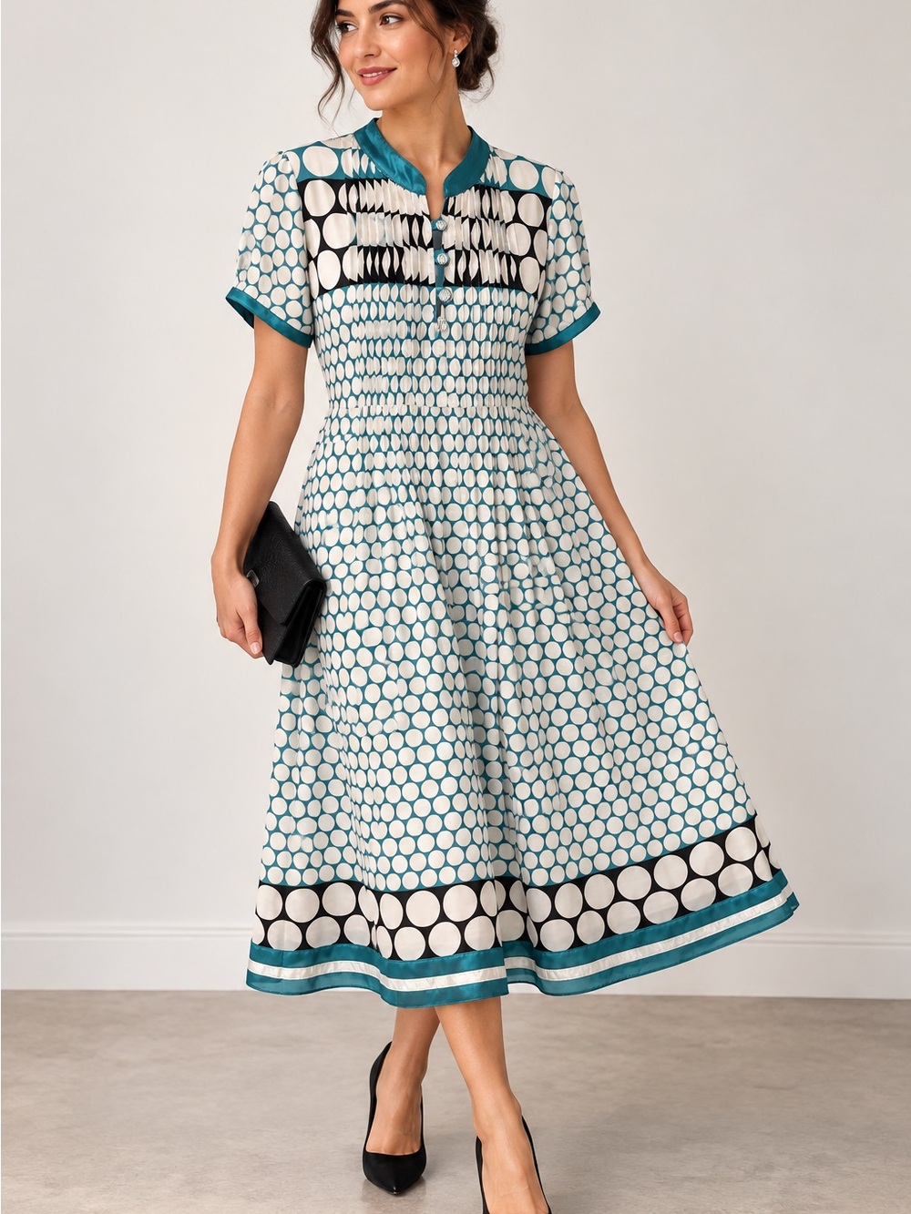 Teal Ivory Black Polka Dot Fit & Flare Midi Dress Retro M